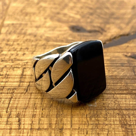 Men's Black Onyx Square Stone Silver Ring