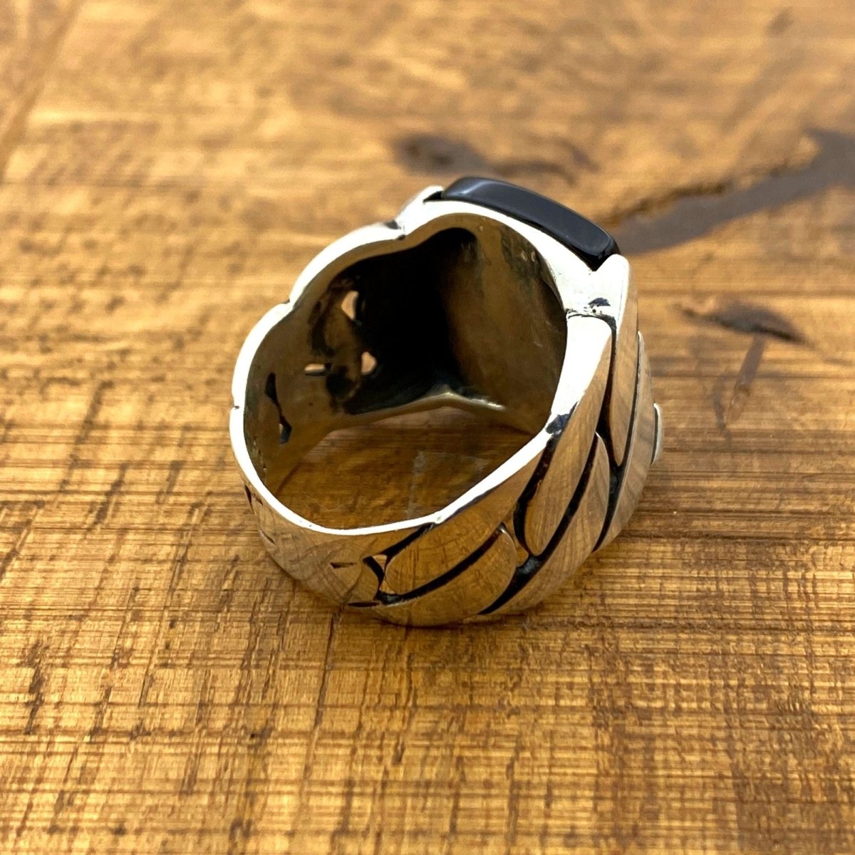 Men's Black Onyx Square Stone Silver Ring