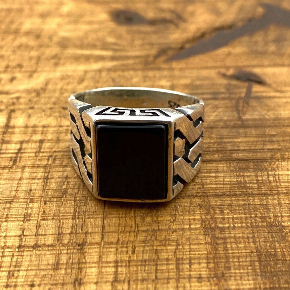 Men's Black Onyx Square Stone Silver Ring