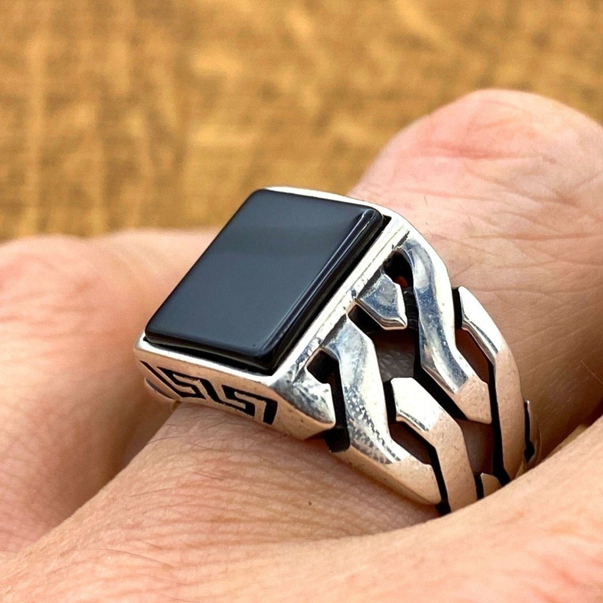 Men's Black Onyx Square Stone Silver Ring