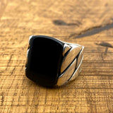 Men's Black Onyx Square Stone Silver Ring