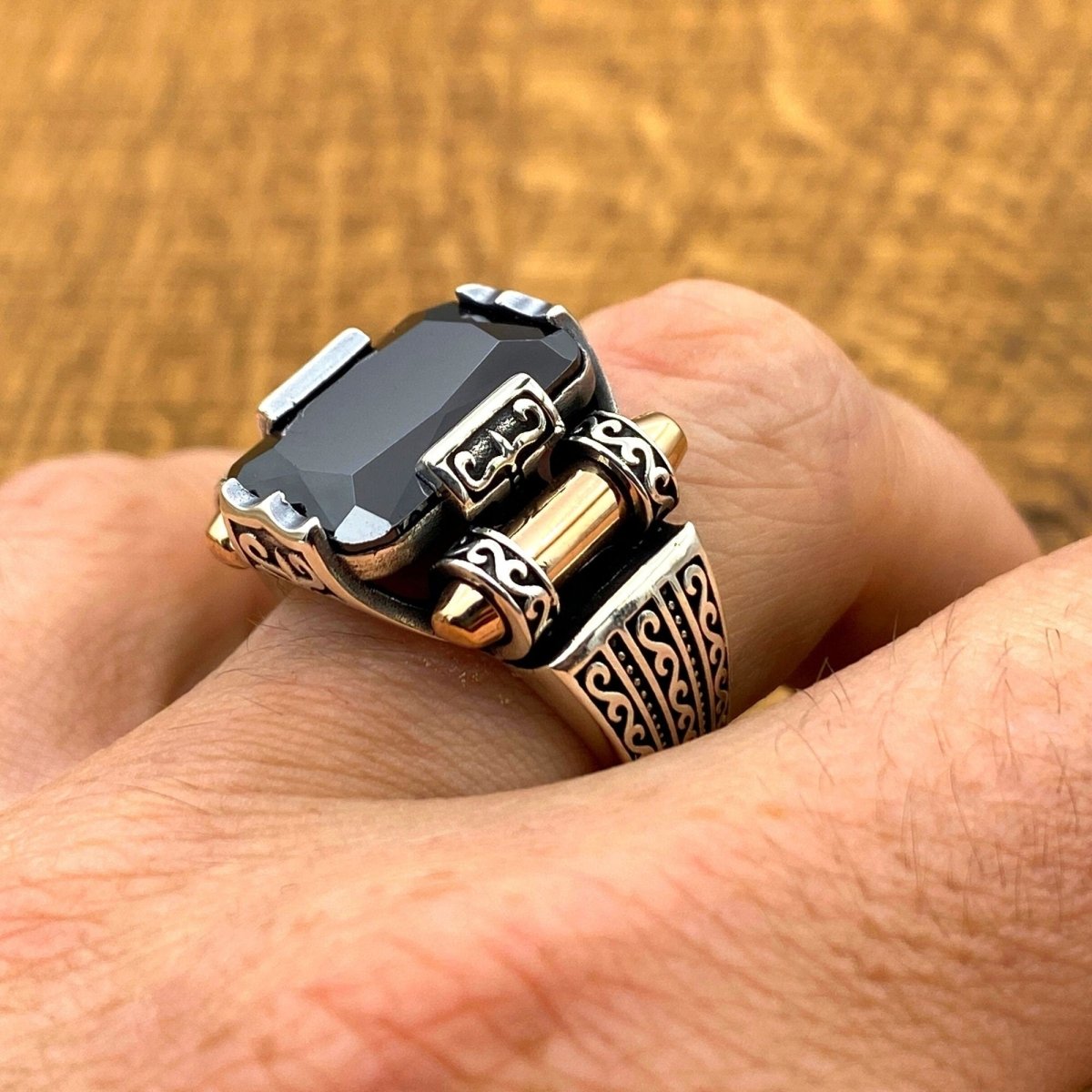 Men's Black Onyx Squared Stone Silver Ring