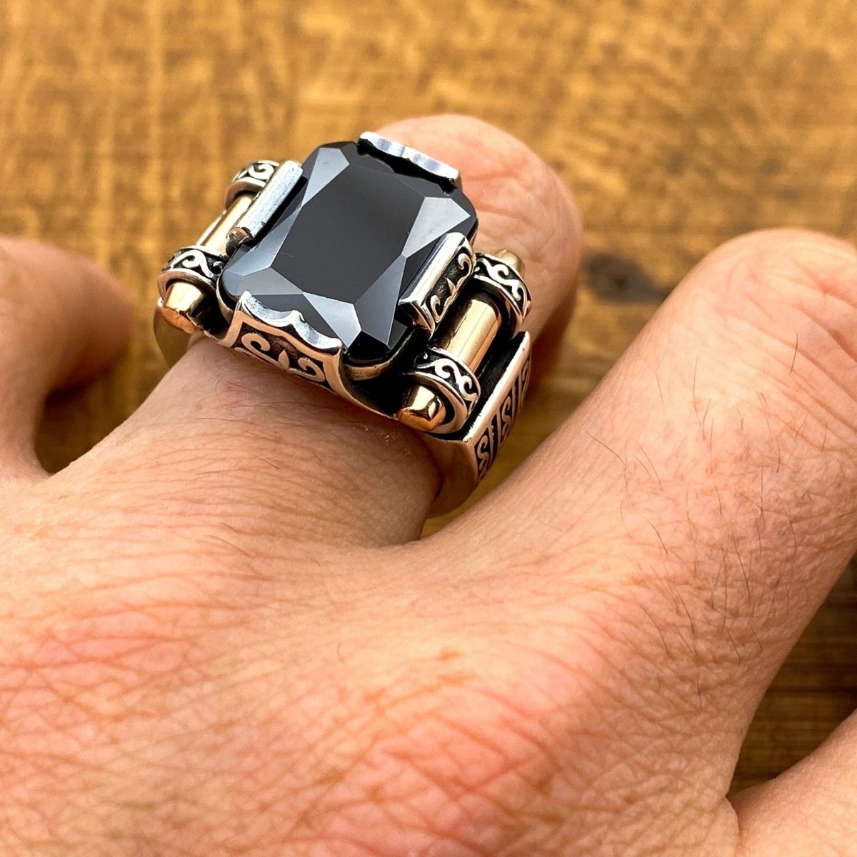 Men's Black Onyx Squared Stone Silver Ring