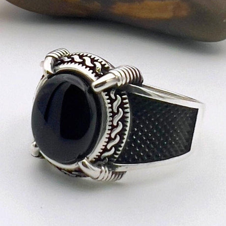 Men's Black Onyx Stone Ottoman Style Silver Ring