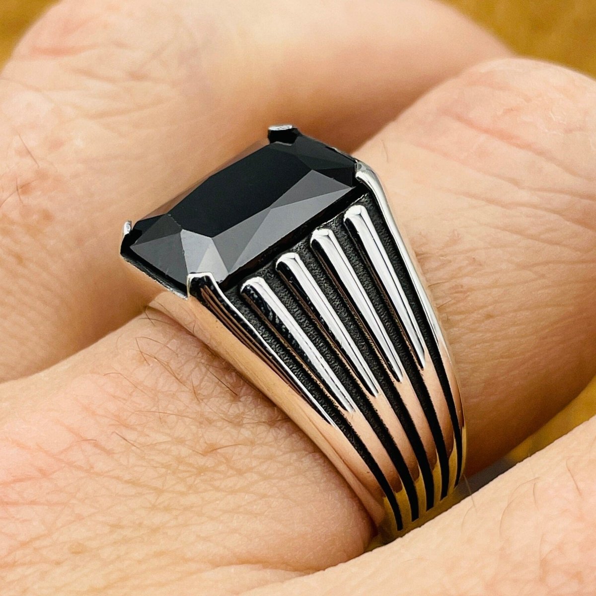 Men's Black Onyx Stone Silver Ring