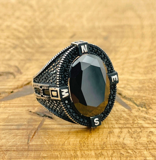 Men's Black Zircon Compass Ring