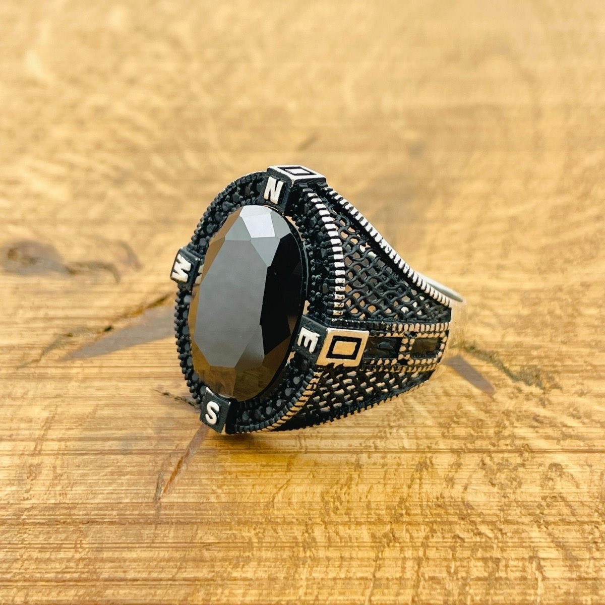 Men's Black Zircon Compass Ring