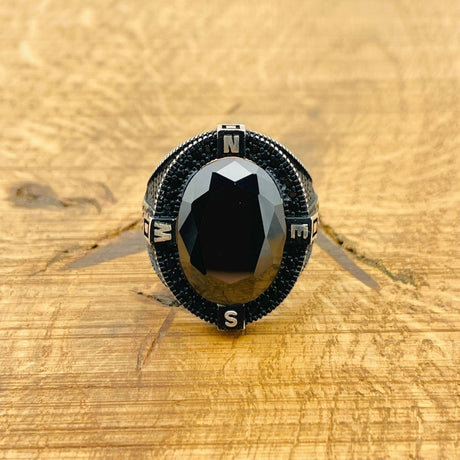 Men's Black Zircon Compass Ring