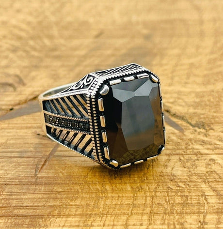 Men's Black Zircon Silver Ring