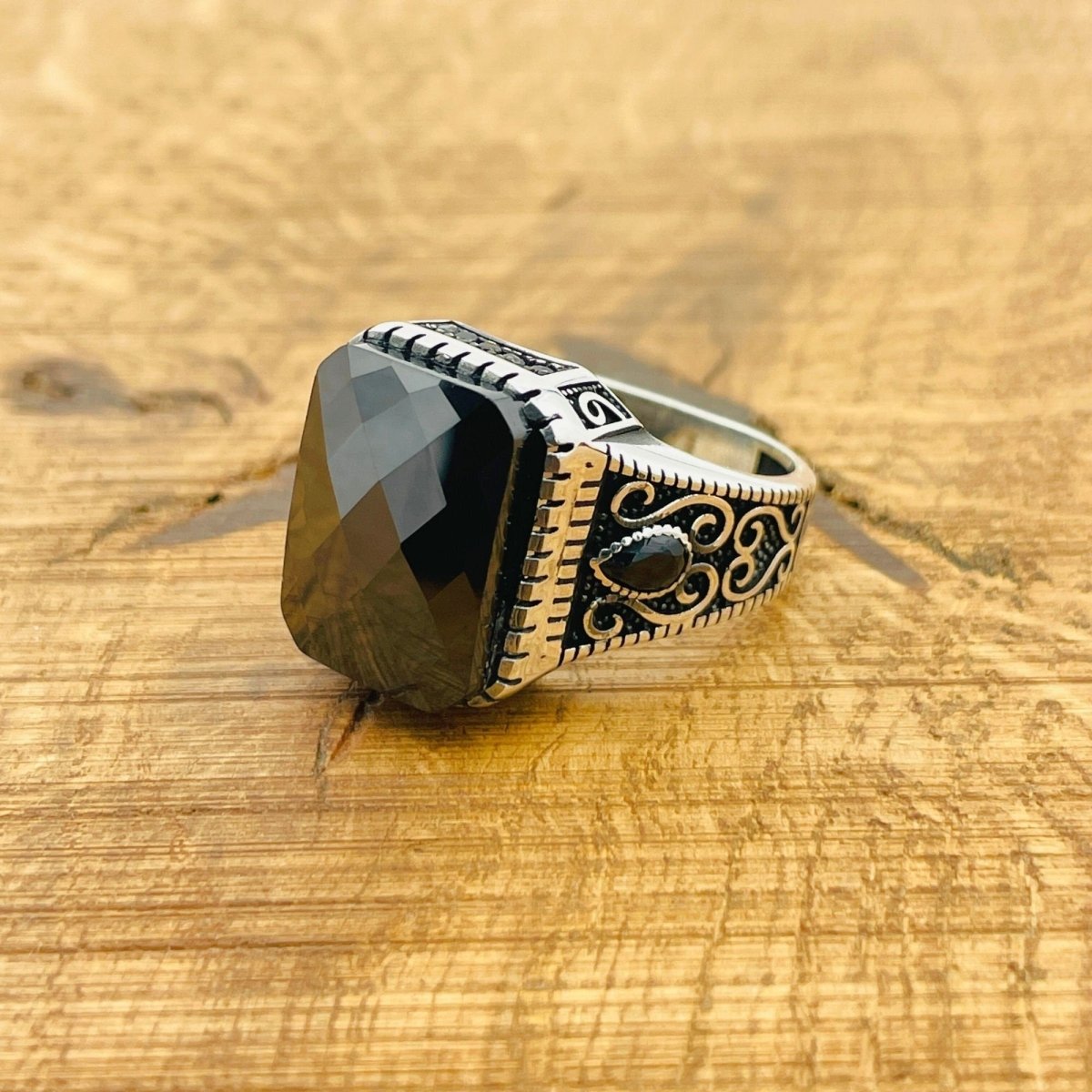 Men's Black Zircon Silver Ring