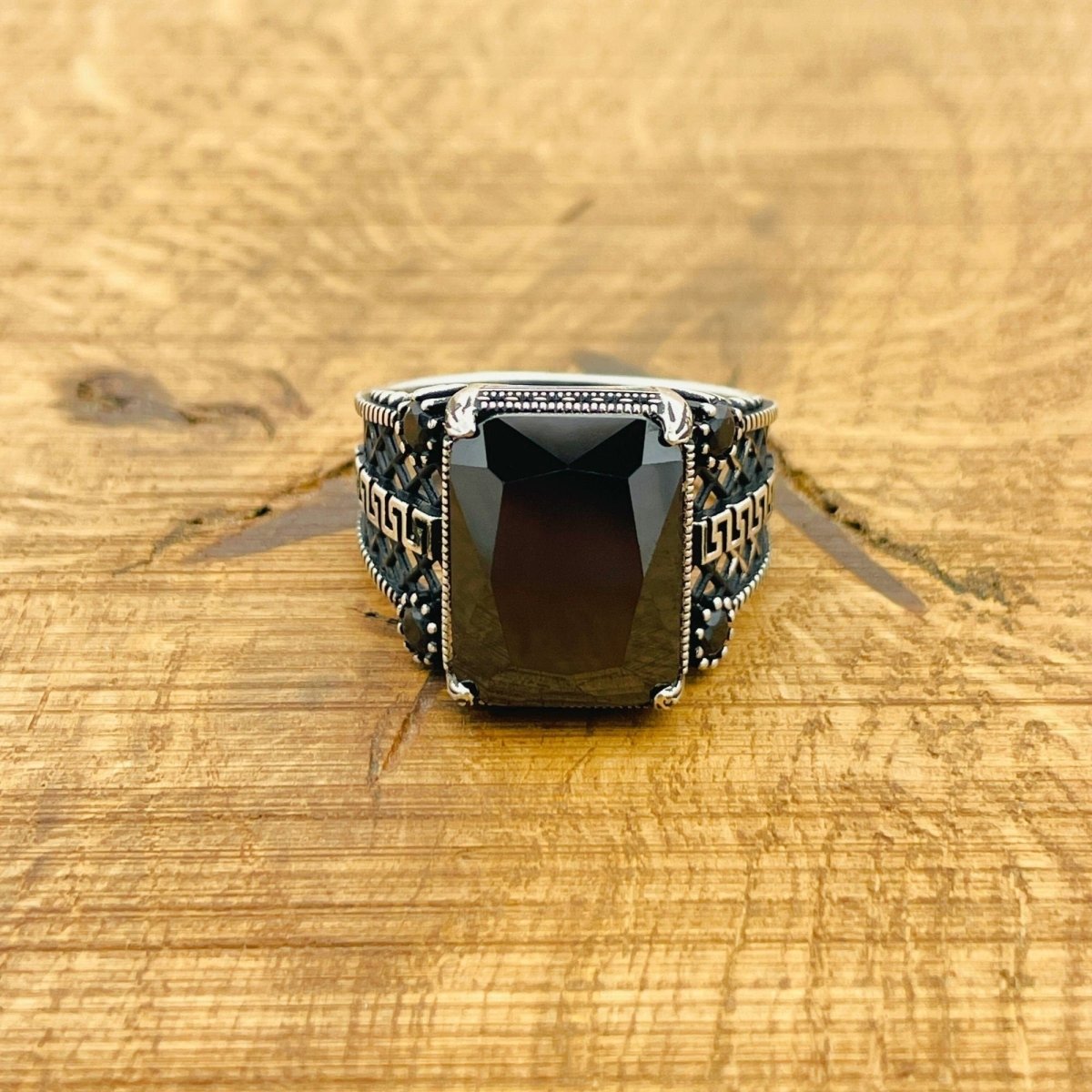 Men's Black Zircon Silver Ring