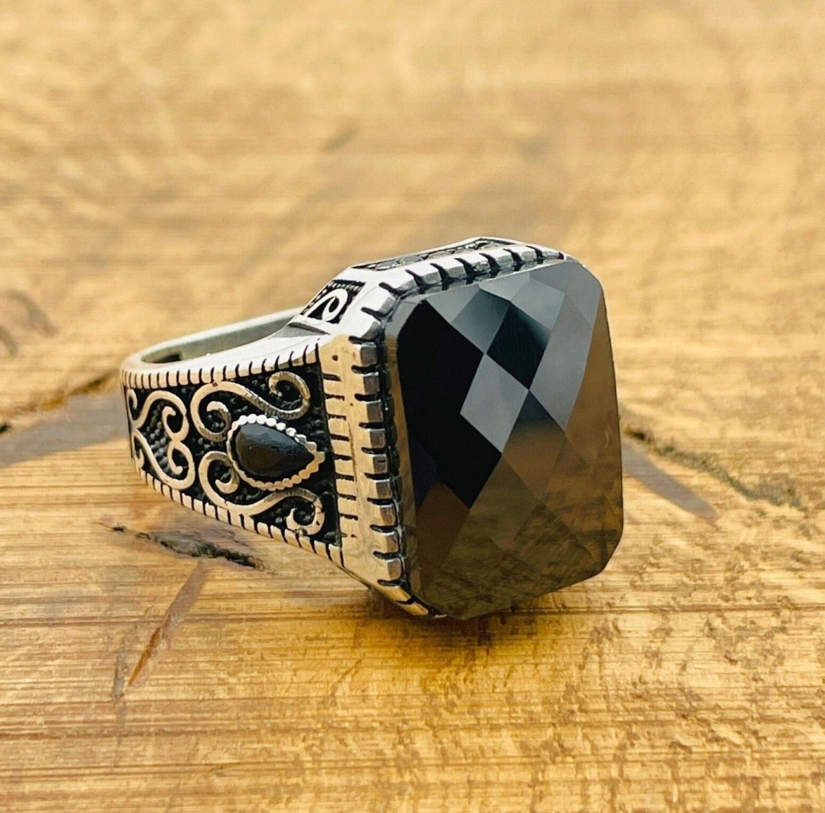 Men's Black Zircon Silver Ring