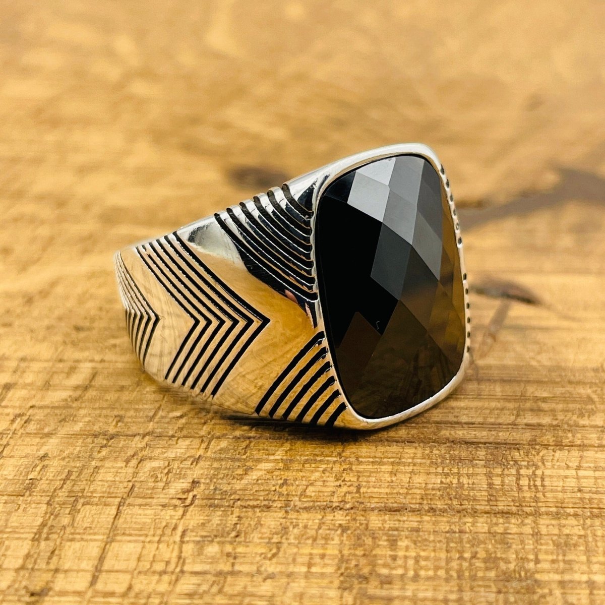 Men's Black Zircon Stone Silver Ring