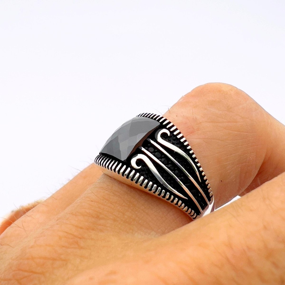 Men's Black Zircon Stone Silver Ring