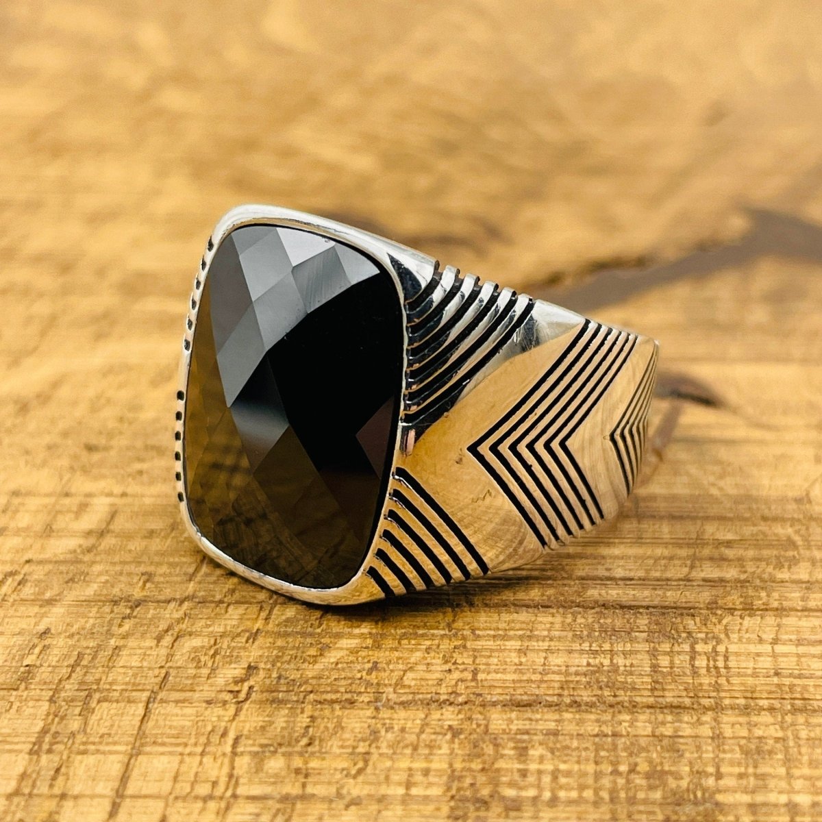 Men's Black Zircon Stone Silver Ring