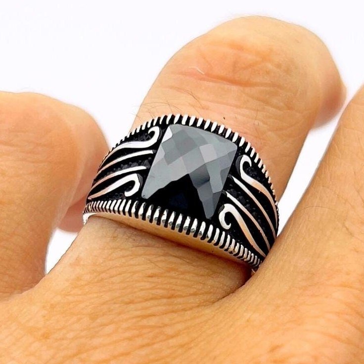 Men's Black Zircon Stone Silver Ring