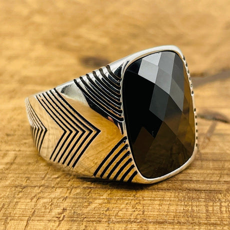 Men's Black Zircon Stone Silver Ring