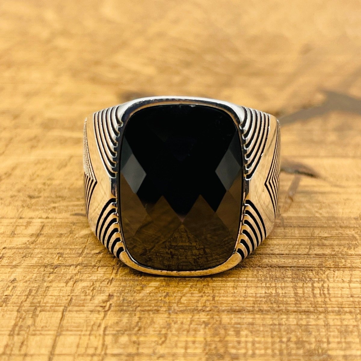 Men's Black Zircon Stone Silver Ring