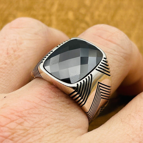 Men's Black Zircon Stone Silver Ring