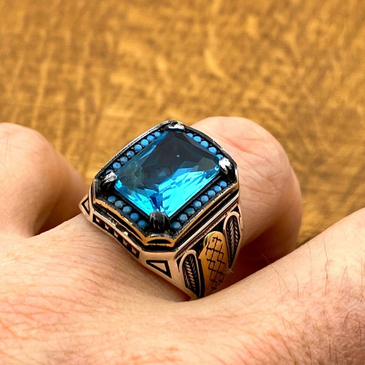 Men's Blue Aquamarine Silver Ring