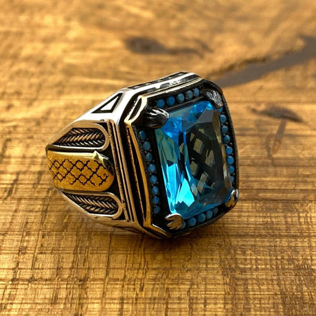 Men's Blue Aquamarine Silver Ring