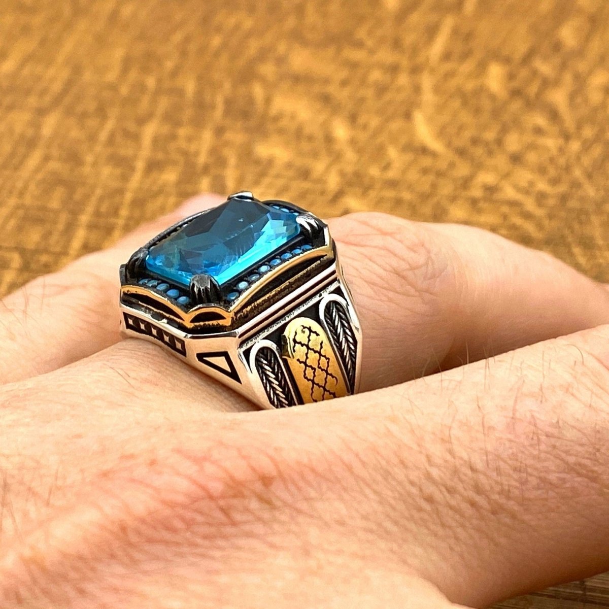 Men's Blue Aquamarine Silver Ring