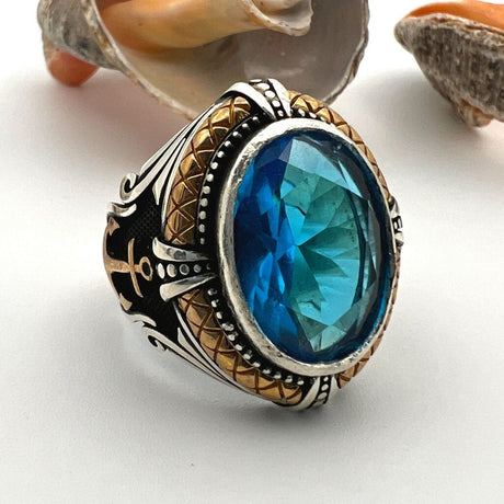 Men's Blue Aquamarine Stone Anchor Ring