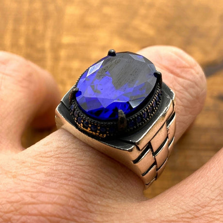 Men's Blue Oval Sapphire Stone Silver Ring