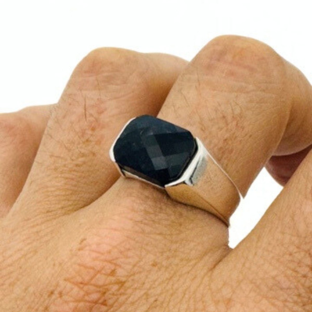 Men's Blue Sapphire Rectangle Silver Ring