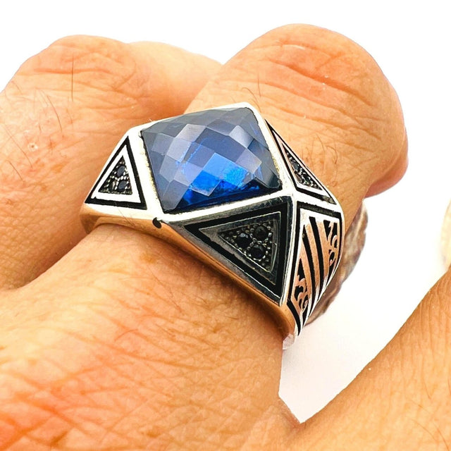 Men's Blue Sapphire Stone 925 Sterling Silver Ring