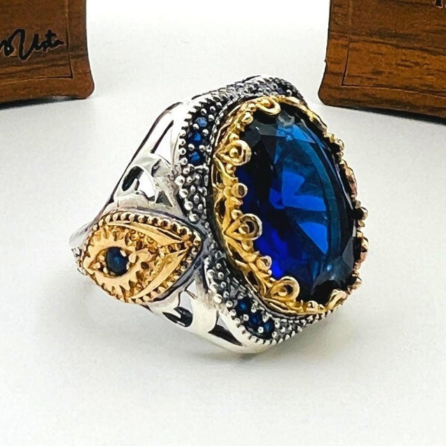 Men's Blue Sapphire Stone Silver Ring