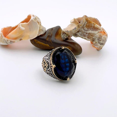 Men's Blue Sapphire Stone Silver Ring