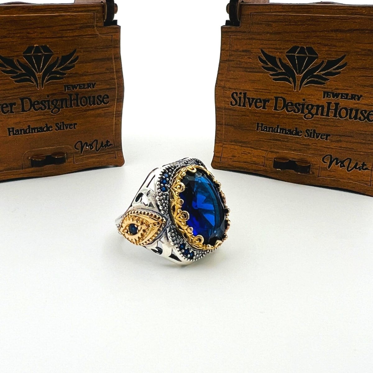 Men's Blue Sapphire Stone Silver Ring