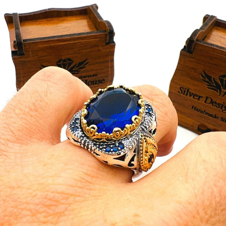 Men's Blue Sapphire Stone Silver Ring