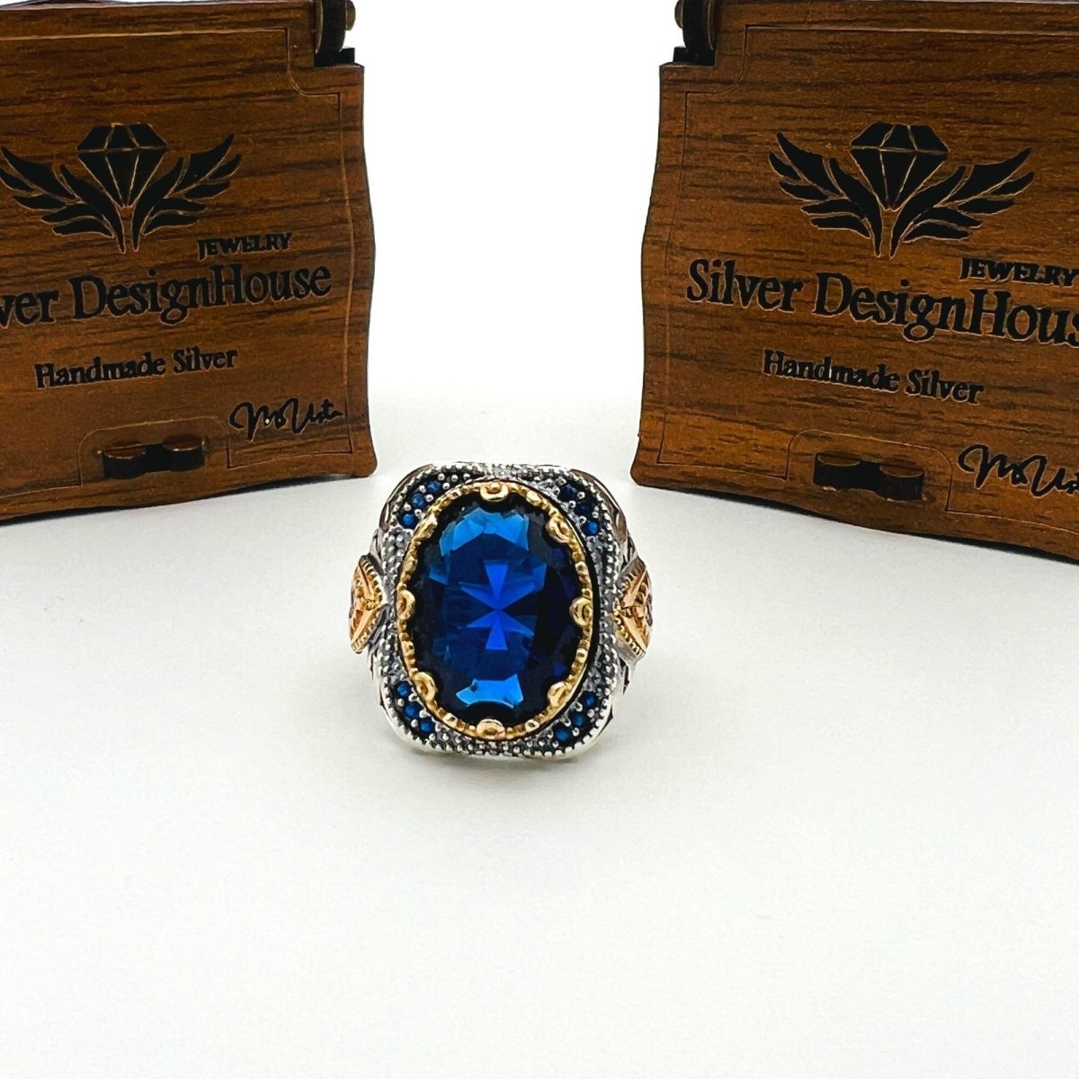 Men's Blue Sapphire Stone Silver Ring