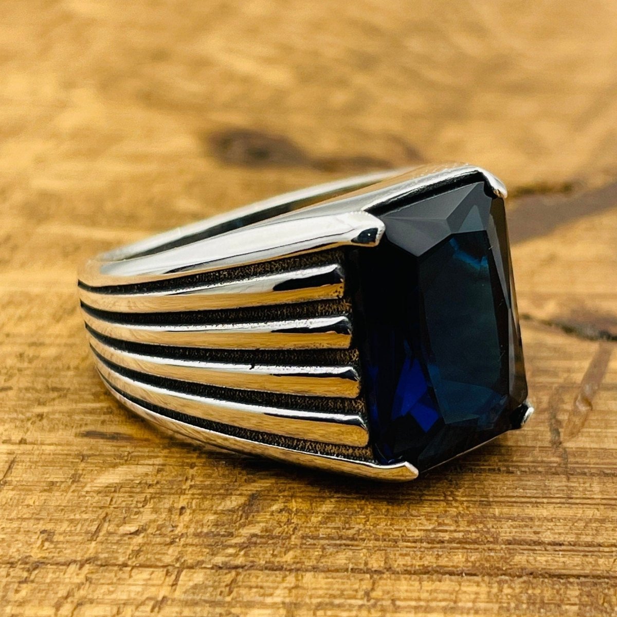 Men's Blue Sapphire Stone Silver Ring