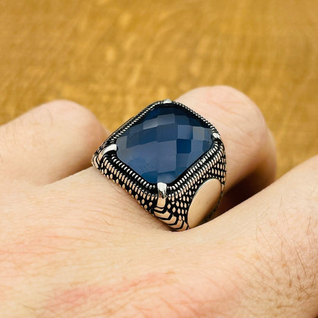 Men's Blue Sapphire Stone Silver Ring