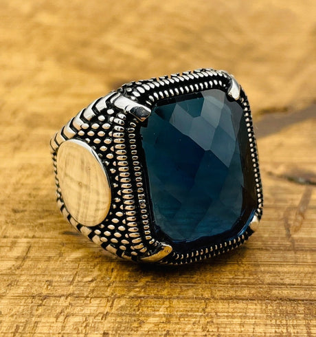 Men's Blue Sapphire Stone Silver Ring