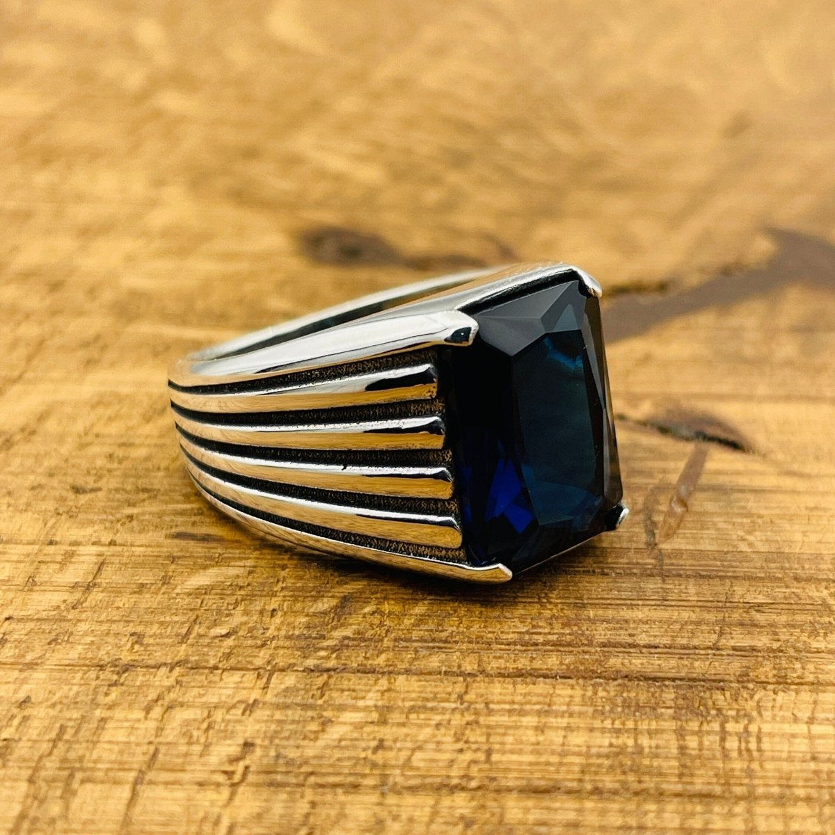 Men's Blue Sapphire Stone Silver Ring