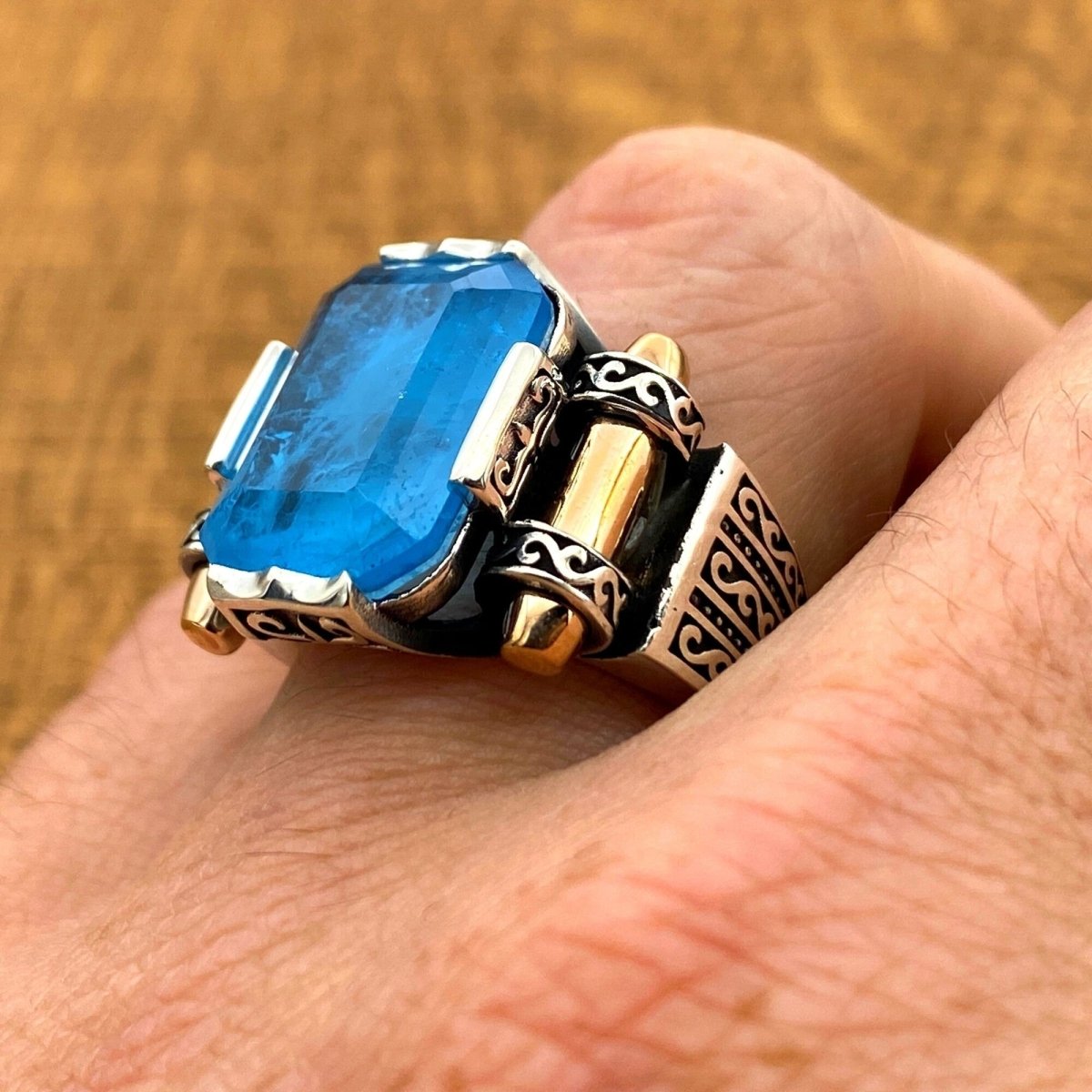 Men's Blue Tourmaline Squared Stone SIlver Ring