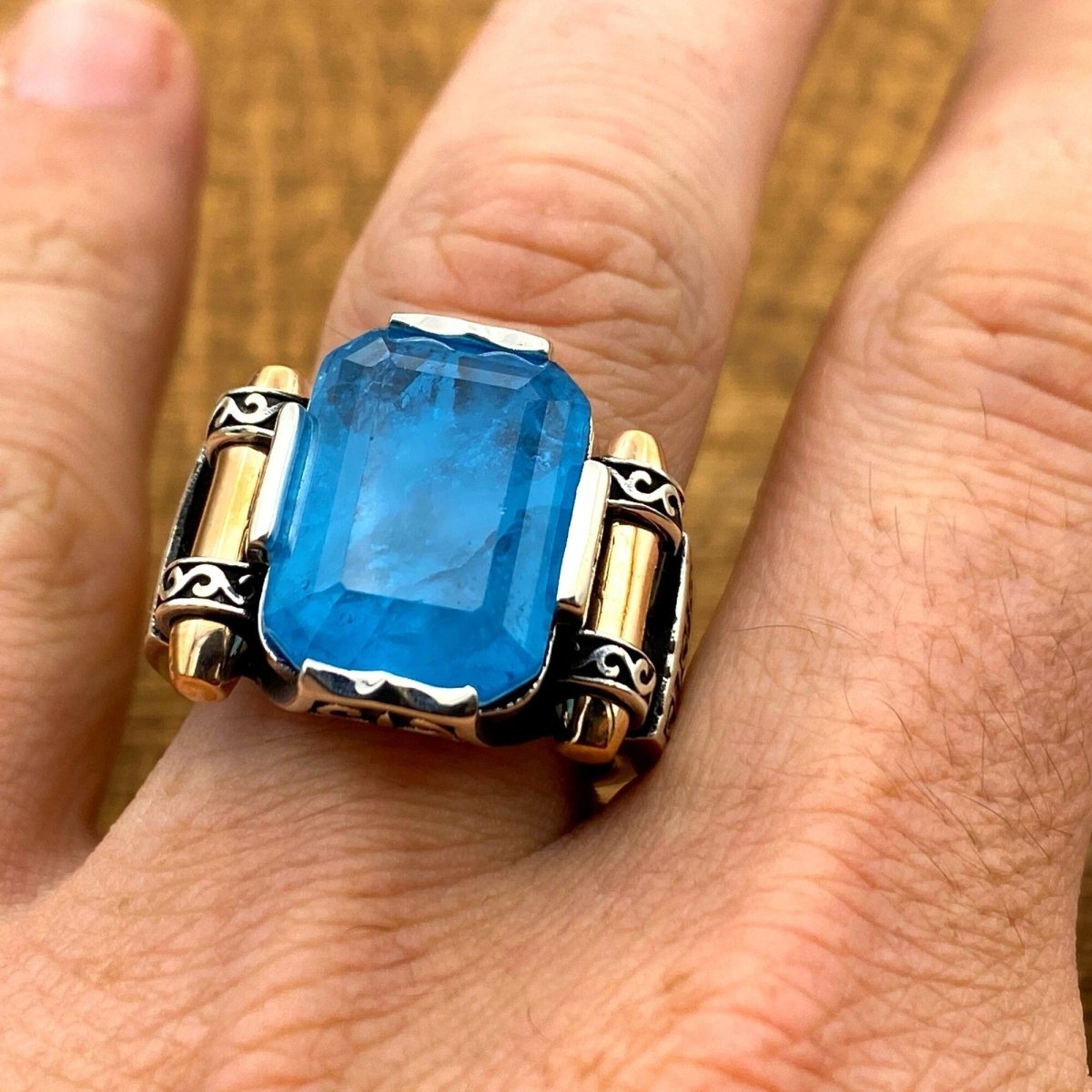 Men's Blue Tourmaline Squared Stone SIlver Ring