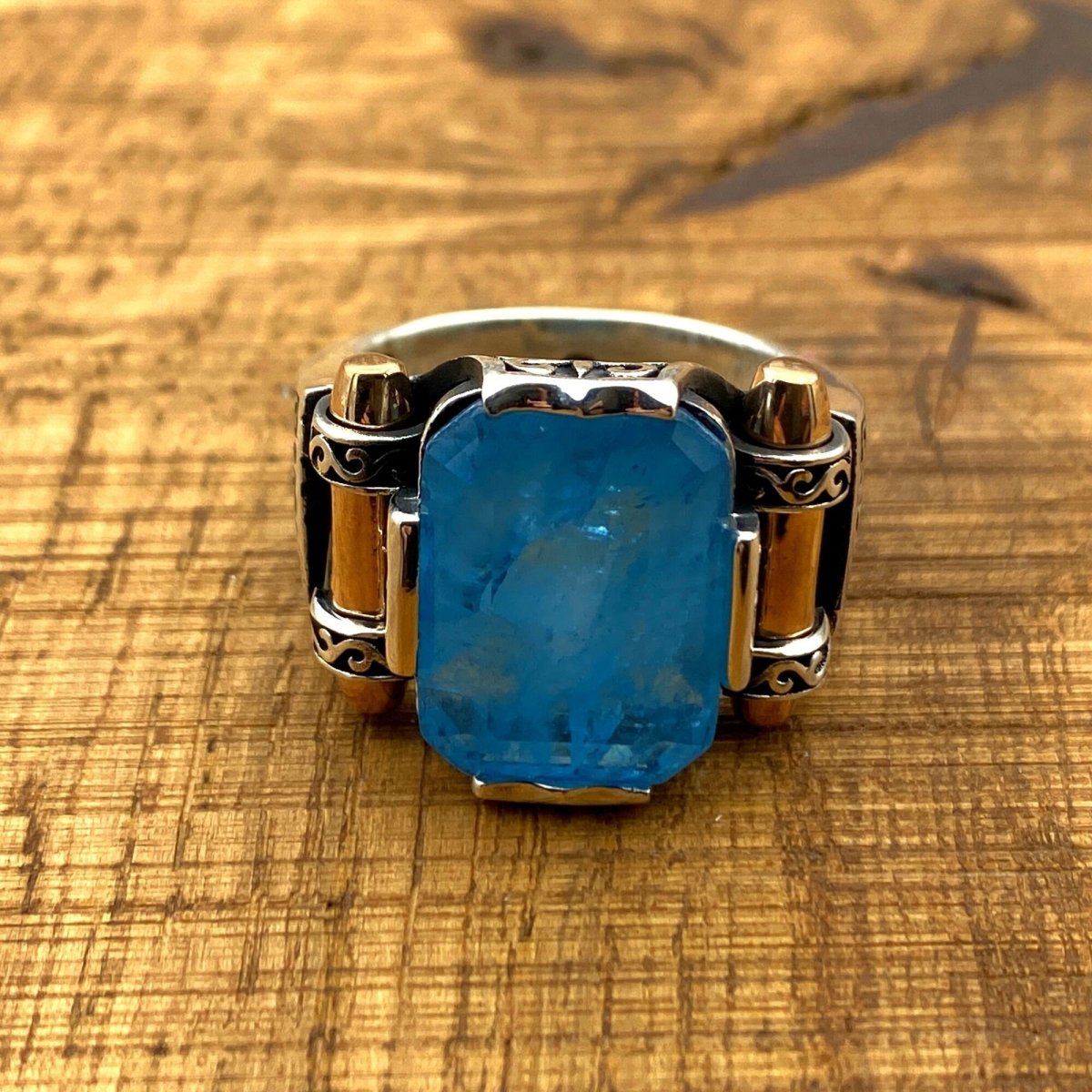 Men's Blue Tourmaline Squared Stone SIlver Ring