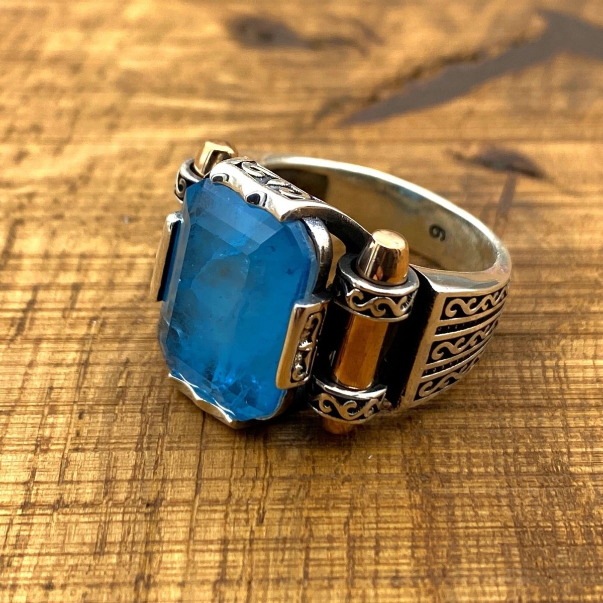 Men's Blue Tourmaline Squared Stone SIlver Ring