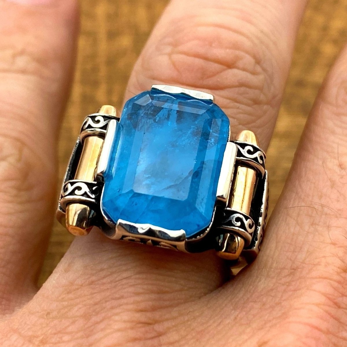 Men's Blue Tourmaline Squared Stone SIlver Ring