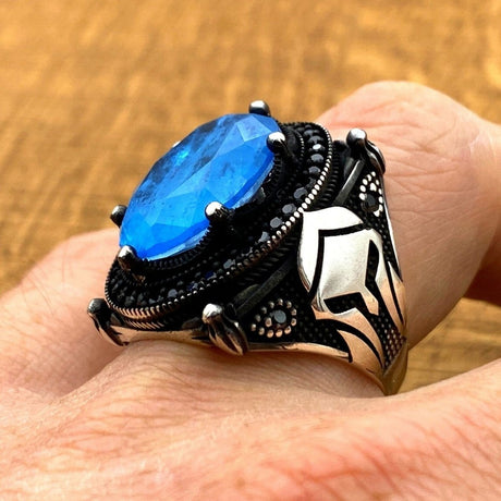 Men's Blue Tourmaline Stone Silver Ring