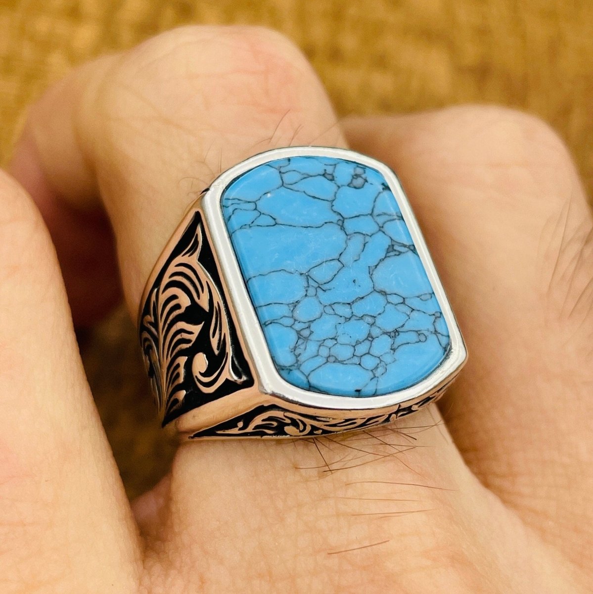 Men's Blue Turquoise Stone Silver Ring