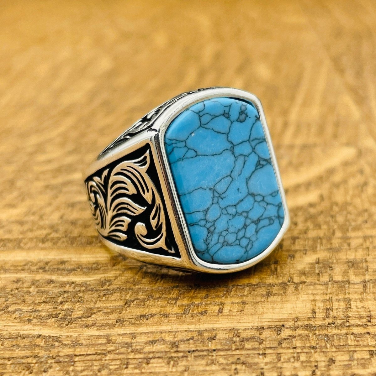 Men's Blue Turquoise Stone Silver Ring