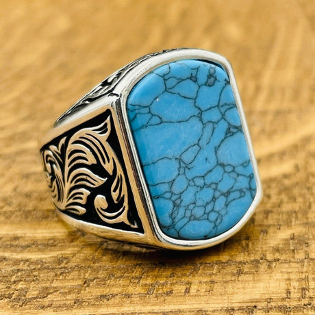 Men's Blue Turquoise Stone Silver Ring