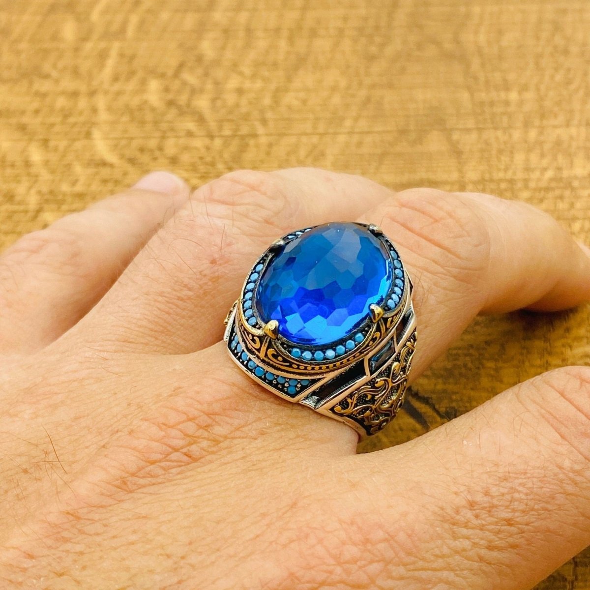 Men's Blue Zircon Silver Ring