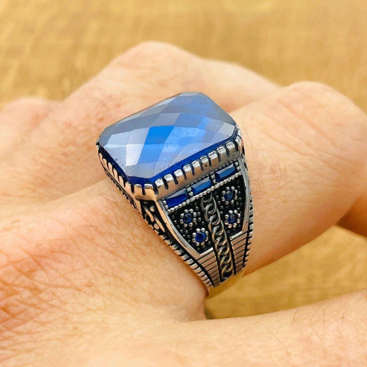 Men's Blue Zircon Silver Ring